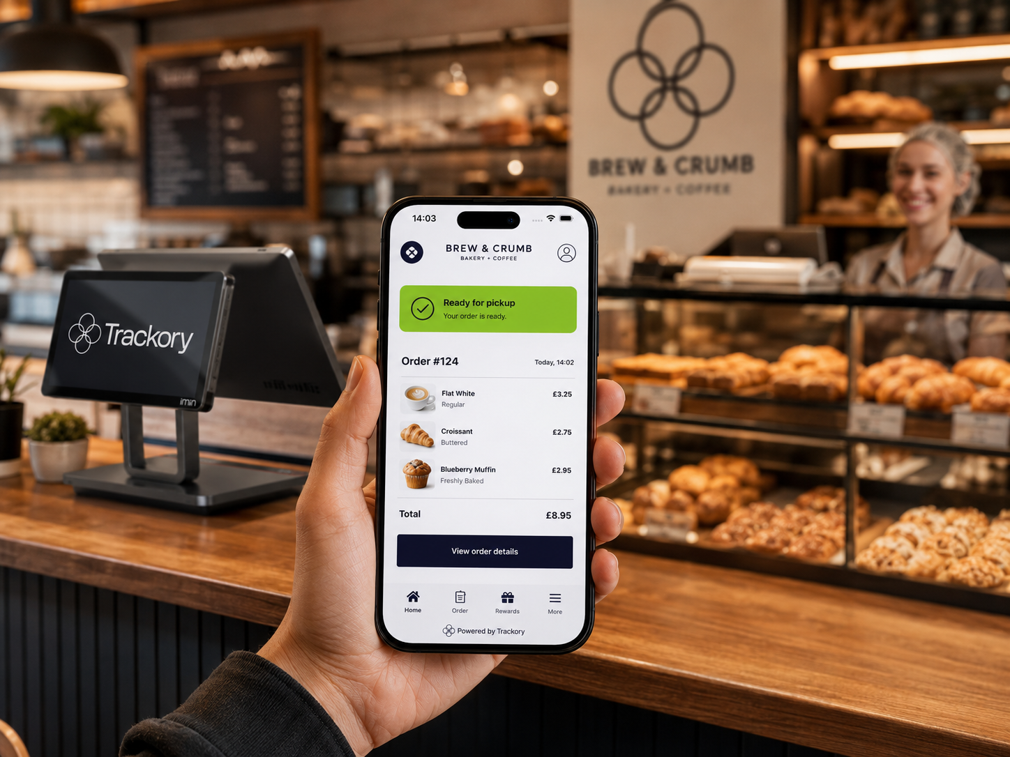 Branded cafe app showing online ordering