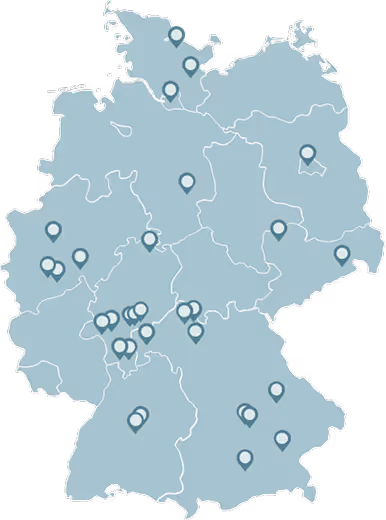 Deutschlandkarte mit Markierungen an verschiedenen Orten im Land.