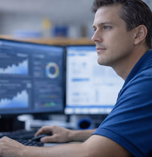 Mann analysiert Geschäftsdaten auf zwei Monitoren mit Diagrammen und Grafiken.