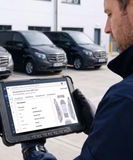 Man in gloves using a tablet outside with black Mercedes vans parked in the background.