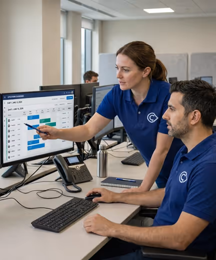 Zwei Kollegen in blauen Poloshirts analysieren gemeinsam einen Zeitplan auf einem Computerbildschirm.