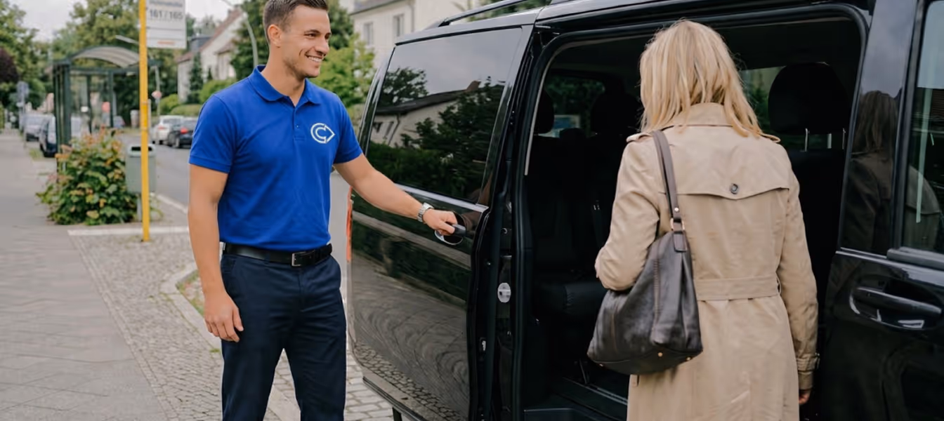 Mitarbeiter öffnet einer Frau mit Mantel die Tür eines schwarzen Vans auf der Straße.