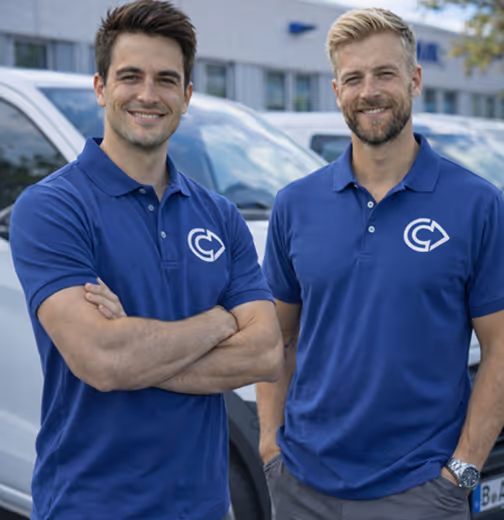 Zwei lächelnde Männer in blauen Polo-Shirts mit Logo stehen vor weißen Firmenwagen.