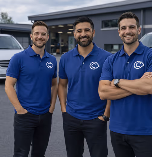 Drei Männer in blauen Poloshirts mit Logo lächeln vor einem Gebäude und Autos.