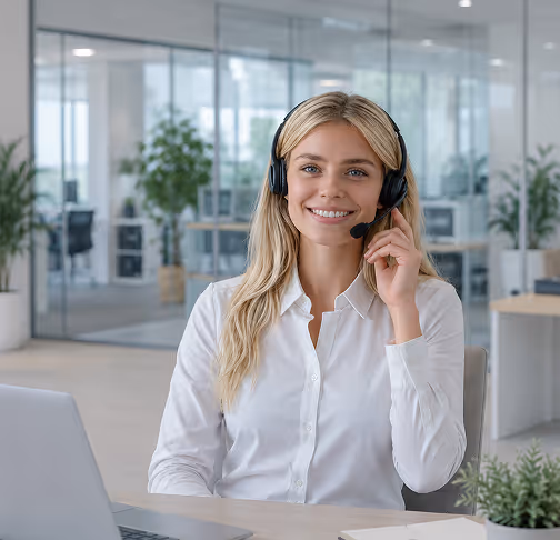 Lächelnde junge Frau mit Headset sitzt in hellem Büro vor Laptop.