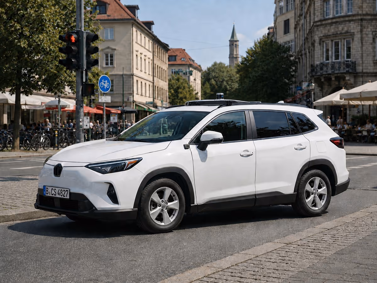 Weißes autonom fahrendes Auto fährt durch städtische Kreuzung mit Menschen und Bäumen im Hintergrund.