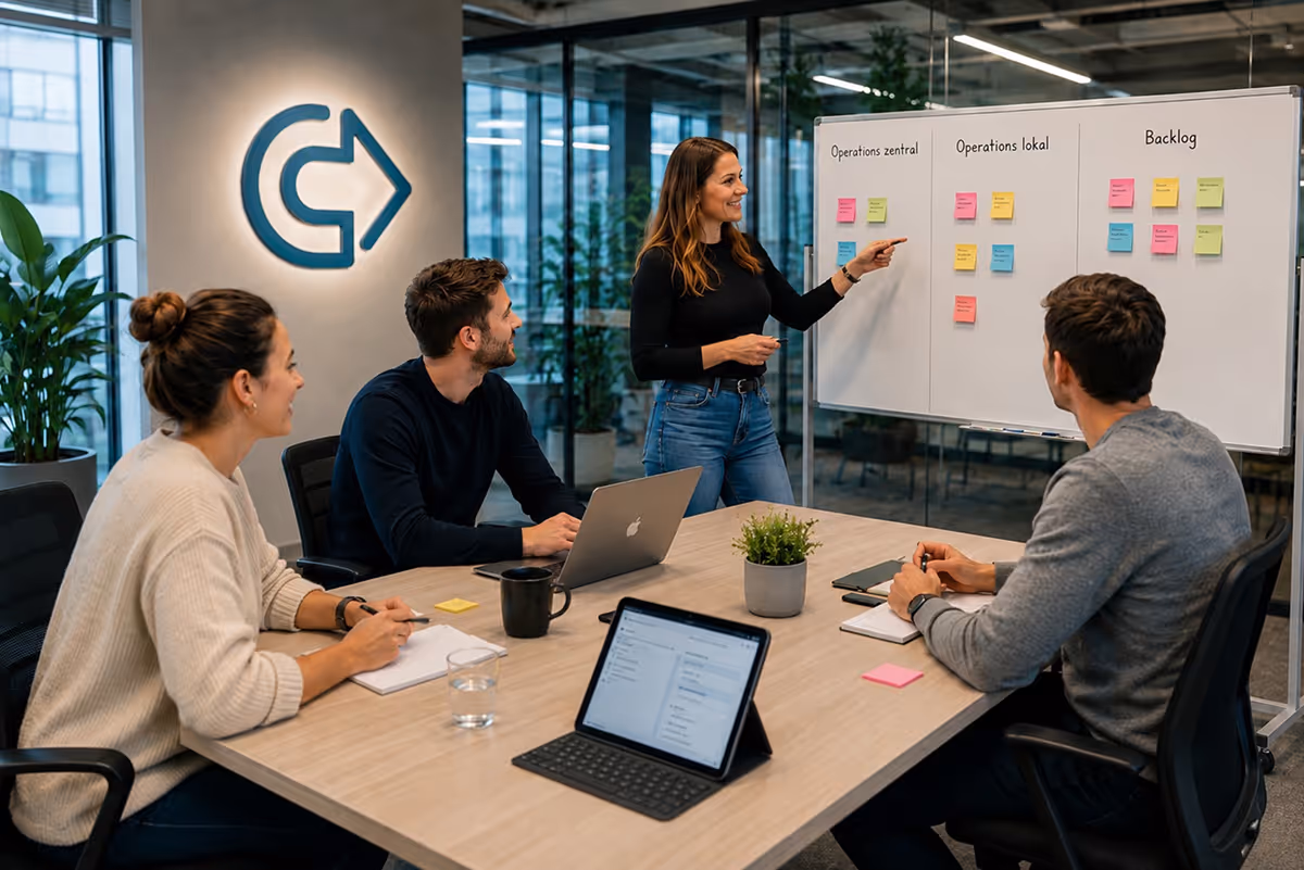Vier Menschen besprechen Notizen auf einem Whiteboard mit Post-its in einem modernen Büro.