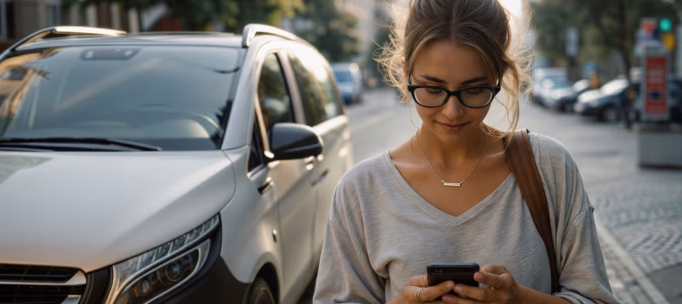 Frau mit Brille schaut auf ihr Handy, neben einem weißen Auto, urbaner Straßenhintergrund.