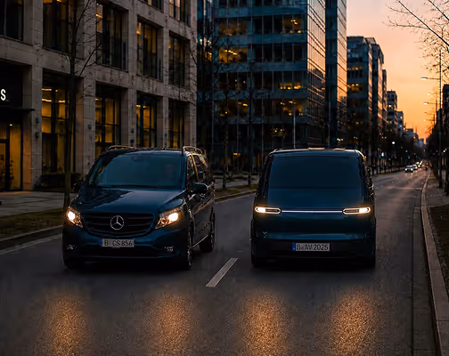 Zwei schwarze Vans, einer Mercedes, fahren bei Sonnenuntergang auf einer Straße in der Stadt.