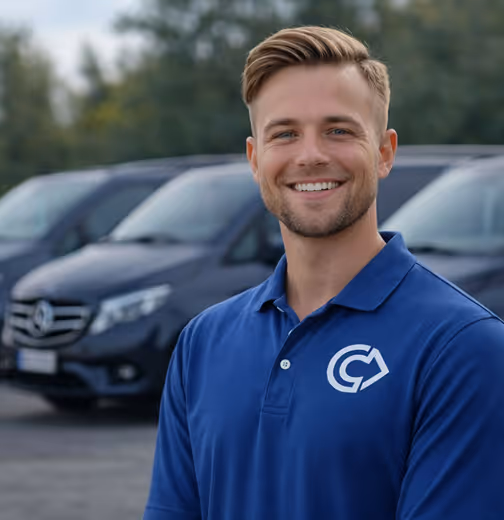 Lächelnder Mann in blauem Polo mit Firmenlogo vor geparkten schwarzen Mercedes Vans.