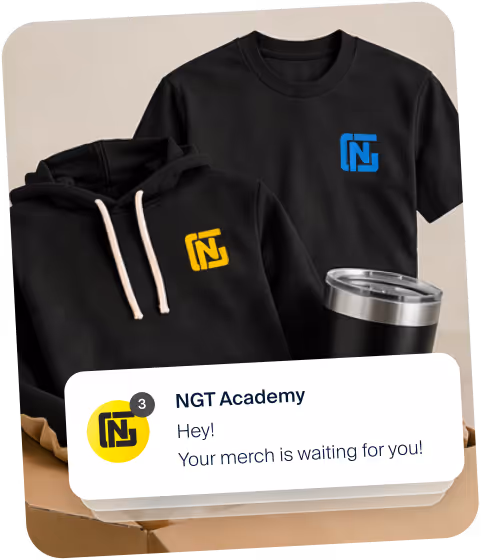 Black hoodie and T-shirt with NGT logos and a metal tumbler in a box with a message notification.