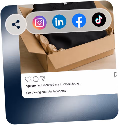 Instagram post showing an open box with a black item inside and popular social media share icons above it.