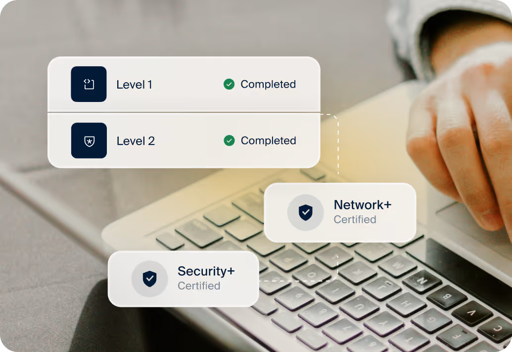 Hand on laptop keyboard with overlay showing completed Level 1 and 2 certifications: Network+ and Security+.