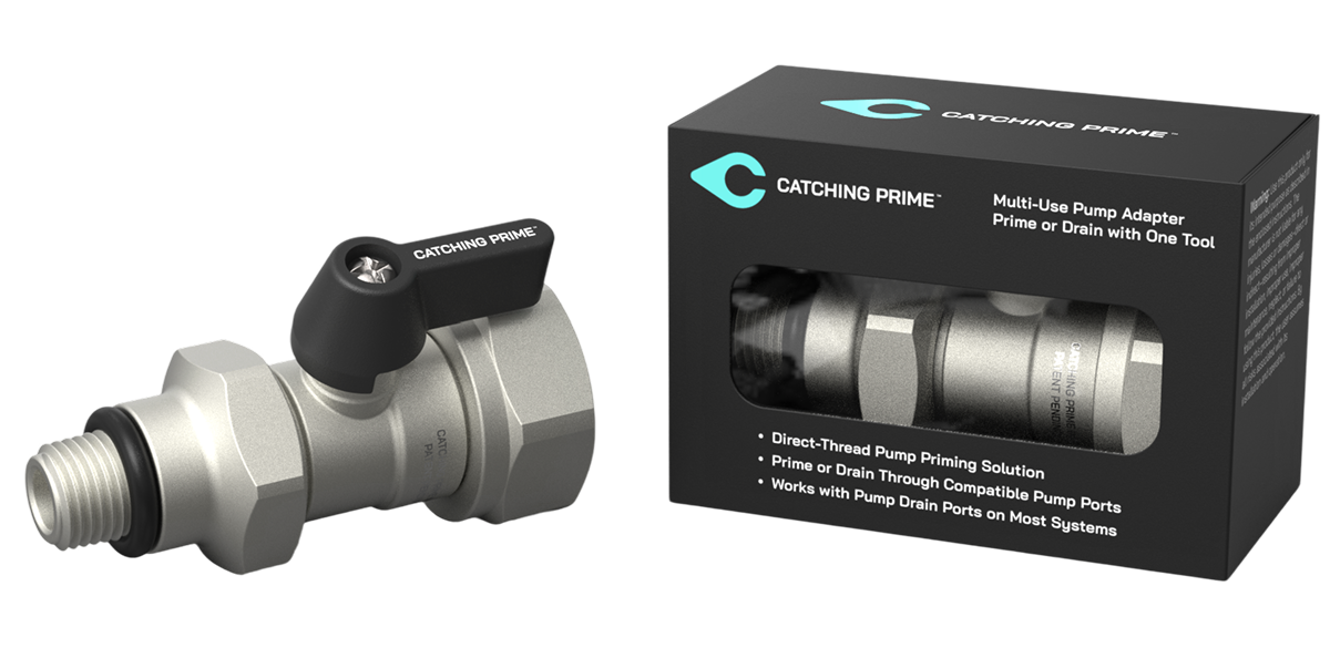 Catching Prime multi-use pump adapter with packaging showing product and usage details.