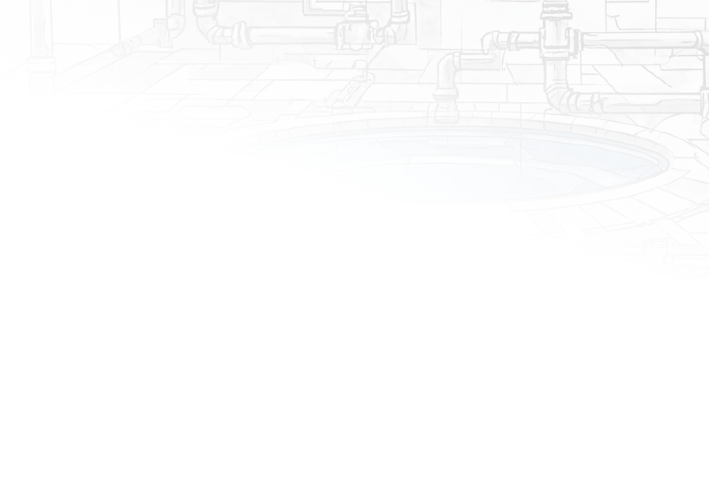 Faint line art of a hot spring bath with surrounding pipes and steam rising.