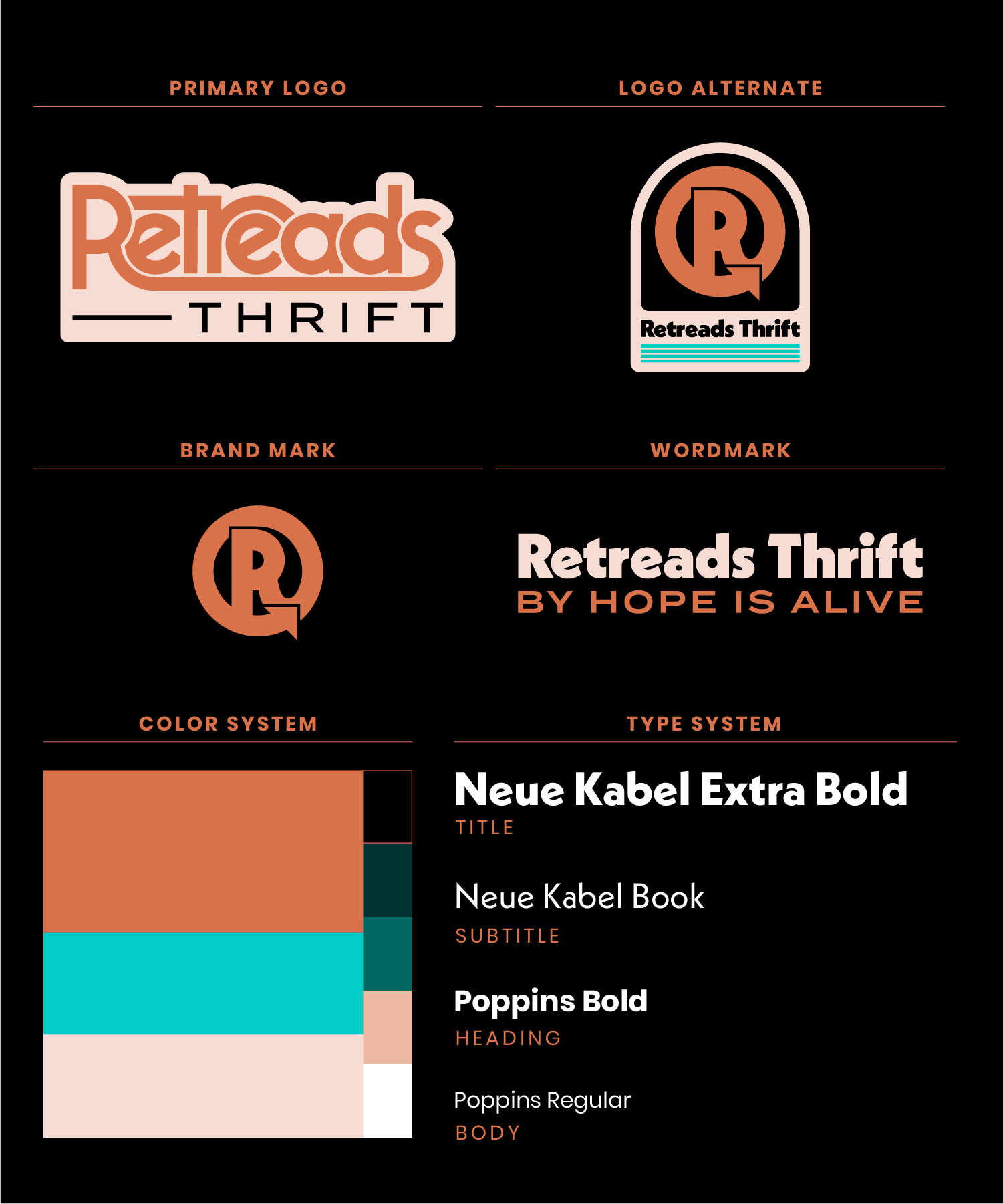 The Retreads logo is bright and geometric. A circular mark with a flat bottom features a the letter 'R' with an arrow encircling it. below it reads "Retreads Thrift by Hope is Alive" it's retro and vintage and kinda cool looking.