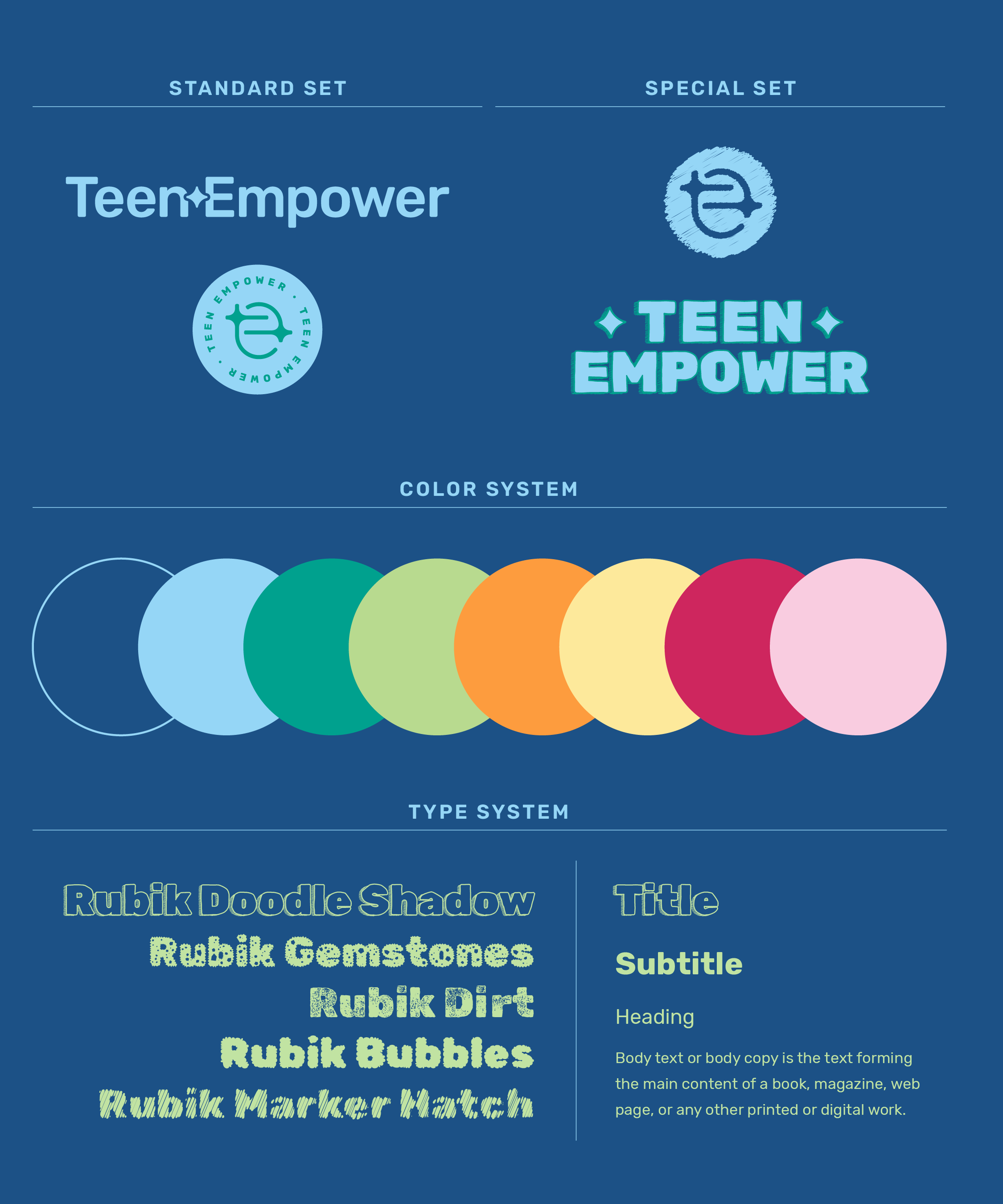 The Teen Empower mark is a combination of a lowercase letters 't' and 'e' The two are combined and where they intersect, a star is formed.