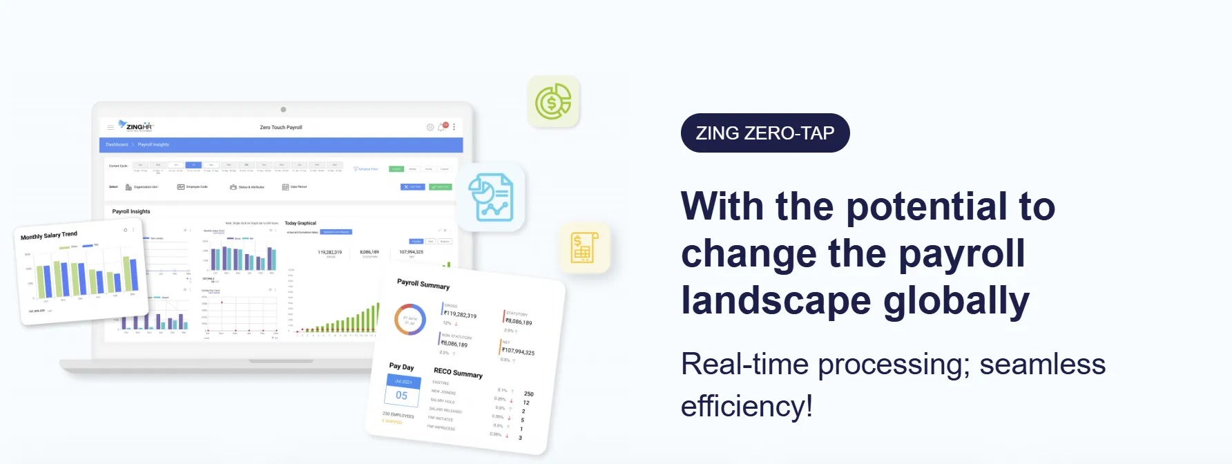 ZingHR payroll dashboard highlighting real-time payroll insights and automation features.