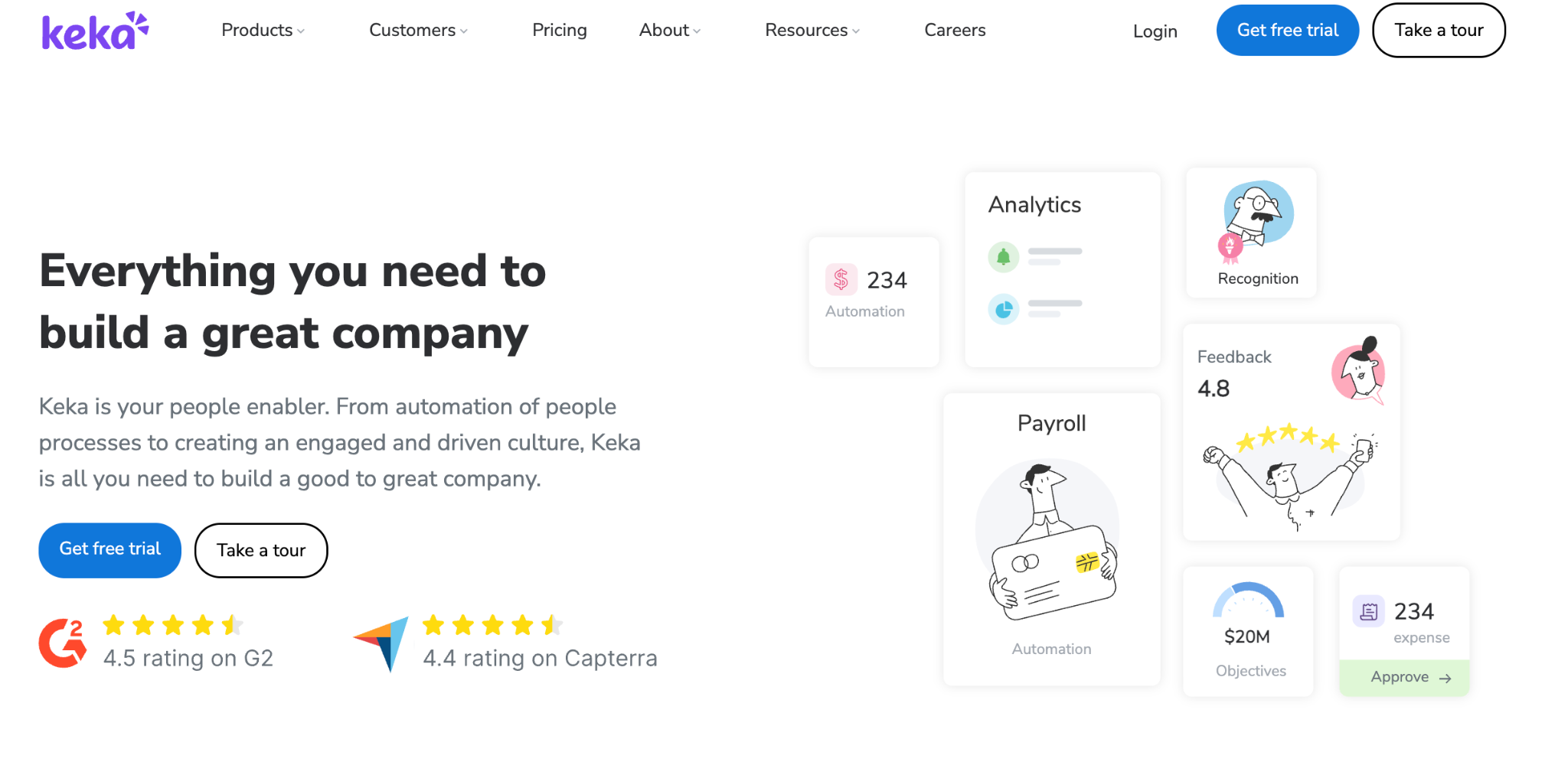 Screenshot of Keka's homepage showing its mobile-first payroll and HR platform for scaling enterprises