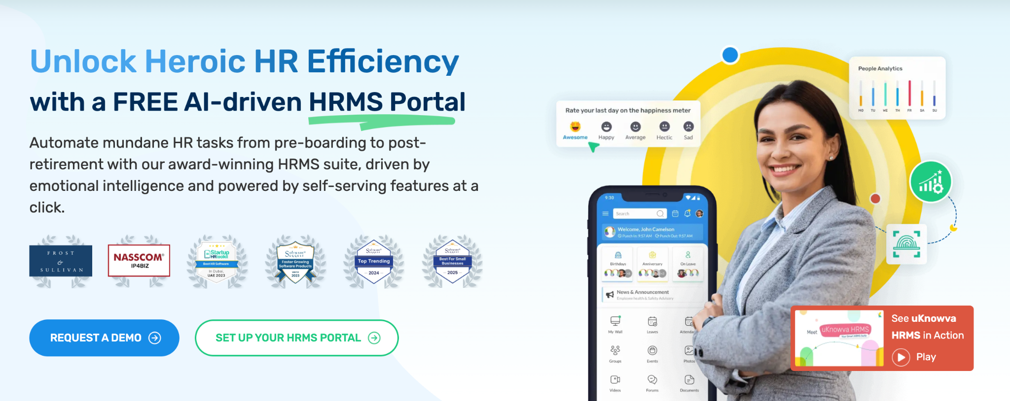 Screenshot of uKnowva HRMS's homepage showing its AI-driven payroll and HR modules for mid-market enterprises