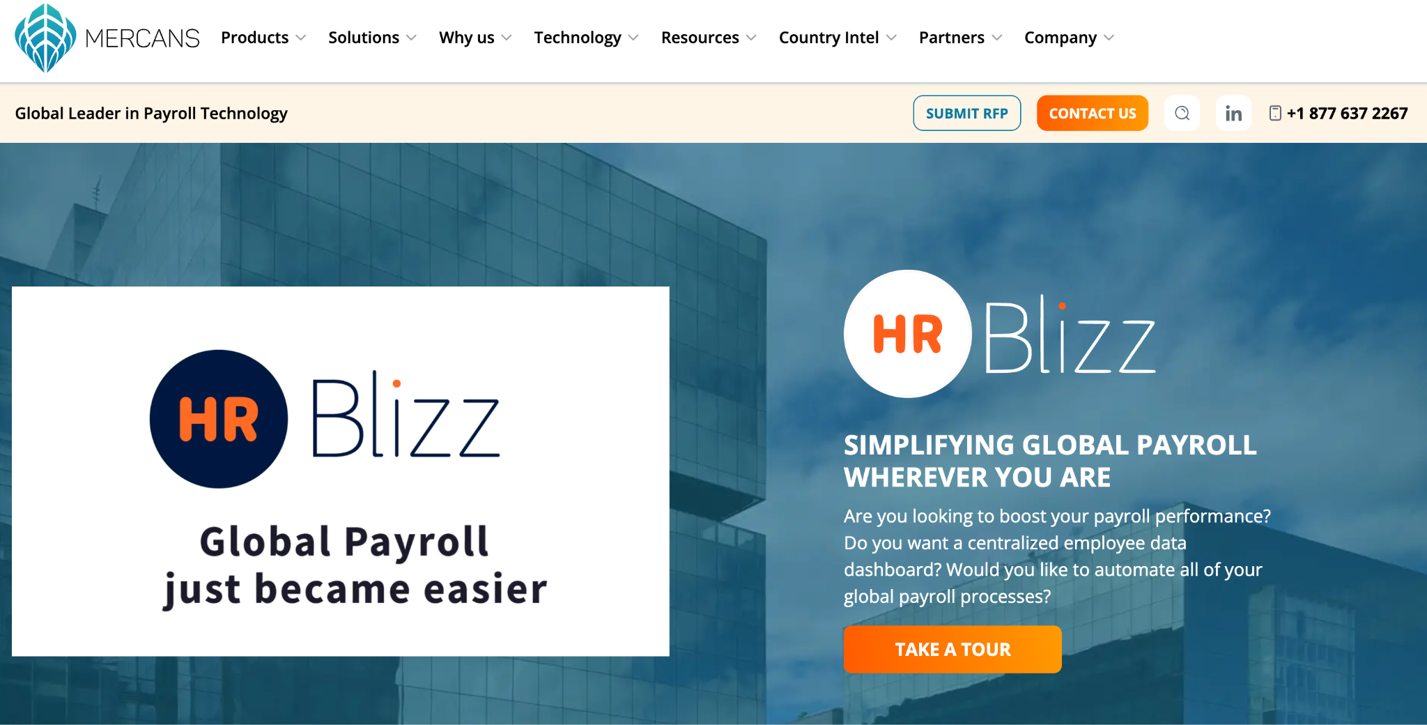 Screenshot of HR Blizz's homepage showing its API-first global payroll engine for multi-country enterprise operations