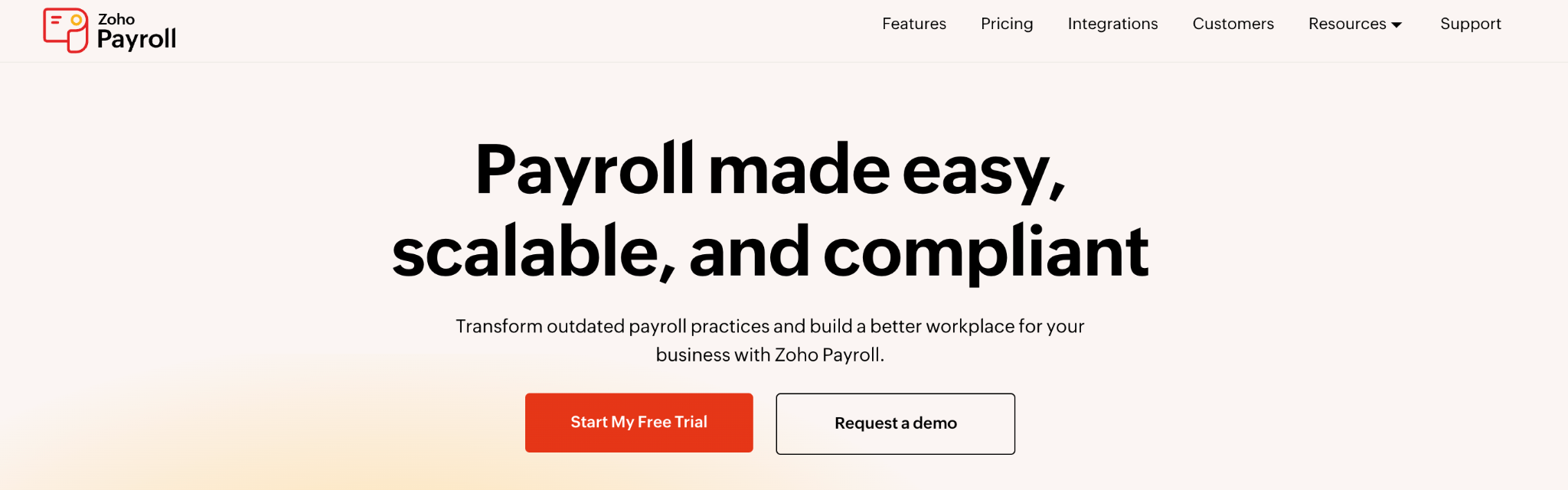 Screenshot of Zoho Payroll's homepage showing its payroll and compliance platform for Zoho ecosystem enterprises