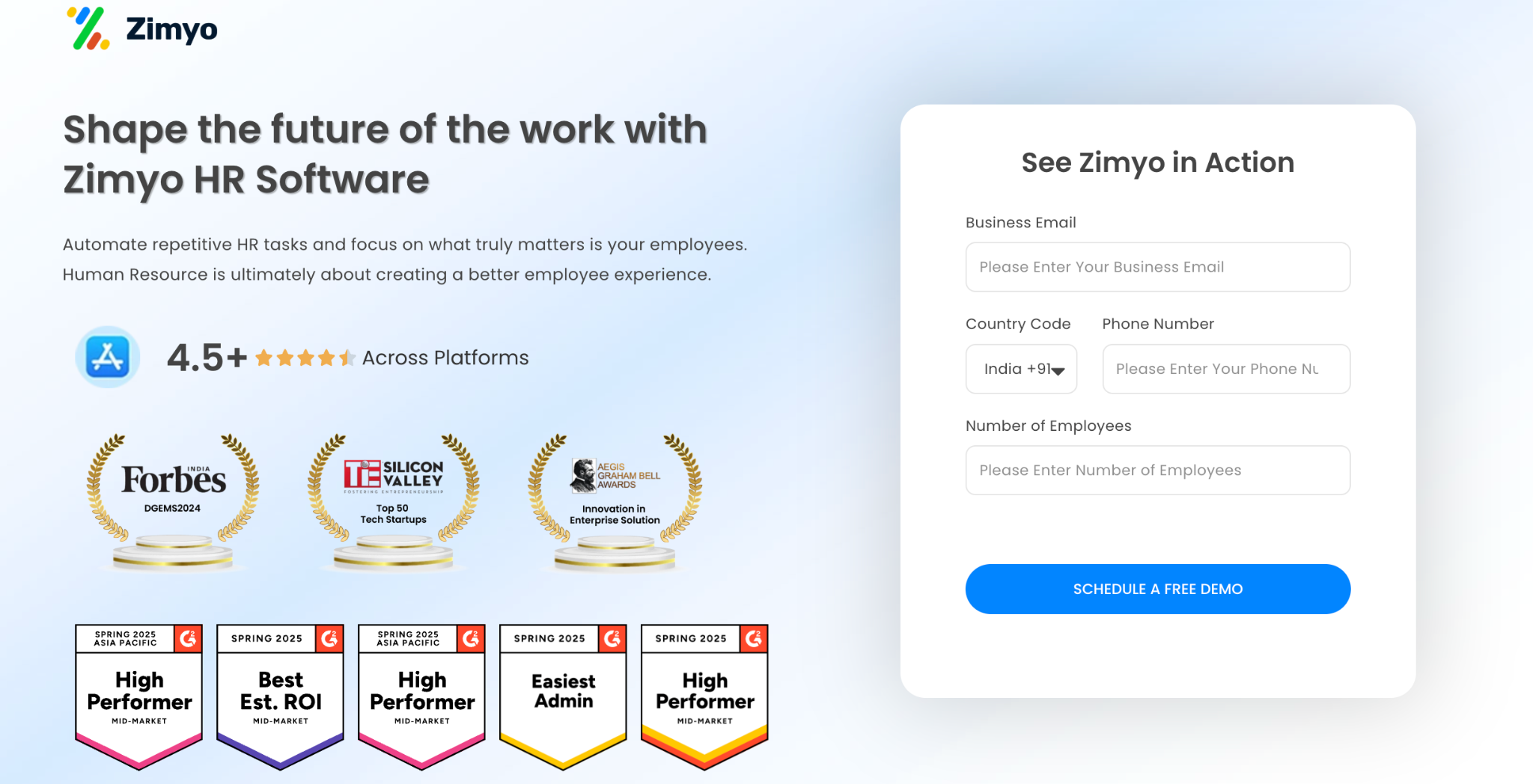 Screenshot of Zimyo's homepage showing its modular payroll and HR platform for growing mid-market enterprises