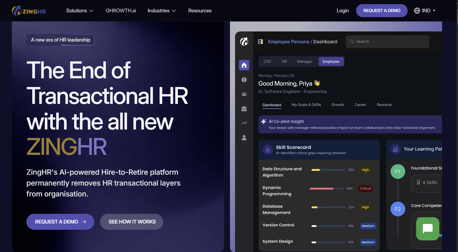 Screenshot of ZingHR's homepage showing a unified HCM platform for enterprise HR management‍