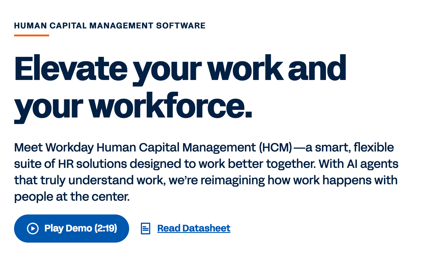 Screenshot of Workday HCM's homepage showing unified HR and finance cloud platform