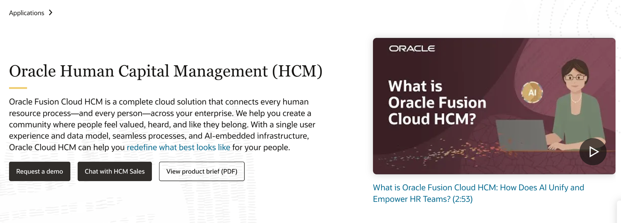 Screenshot of Oracle Fusion Cloud HCM's homepage showing AI-driven human capital management