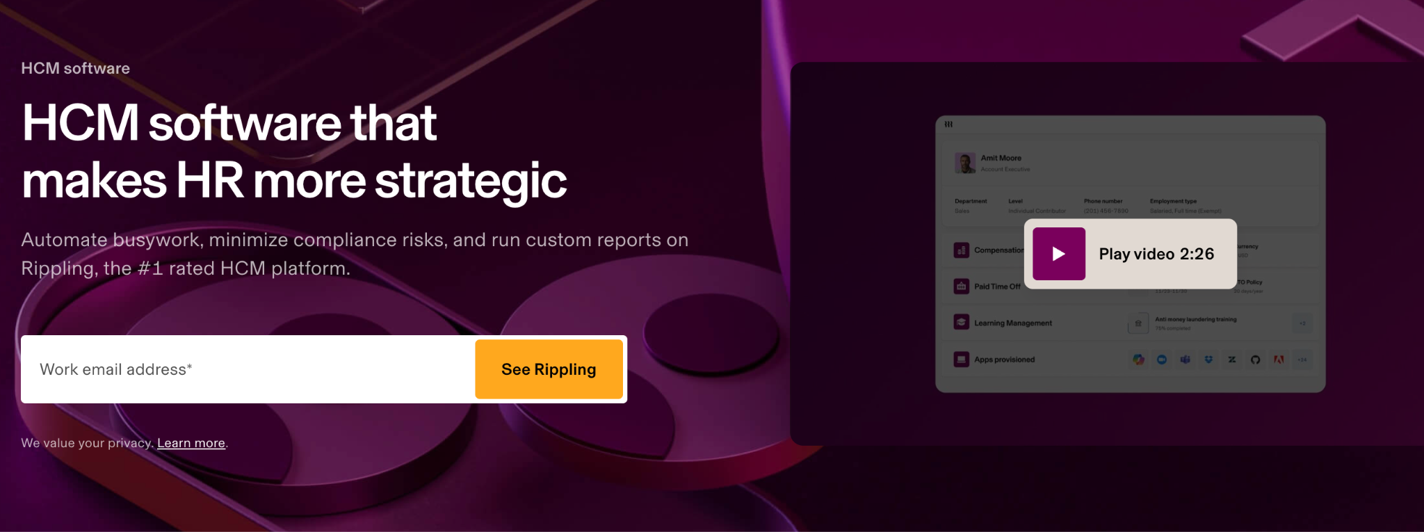 Screenshot of Rippling's homepage showing unified HR, IT, and finance platform