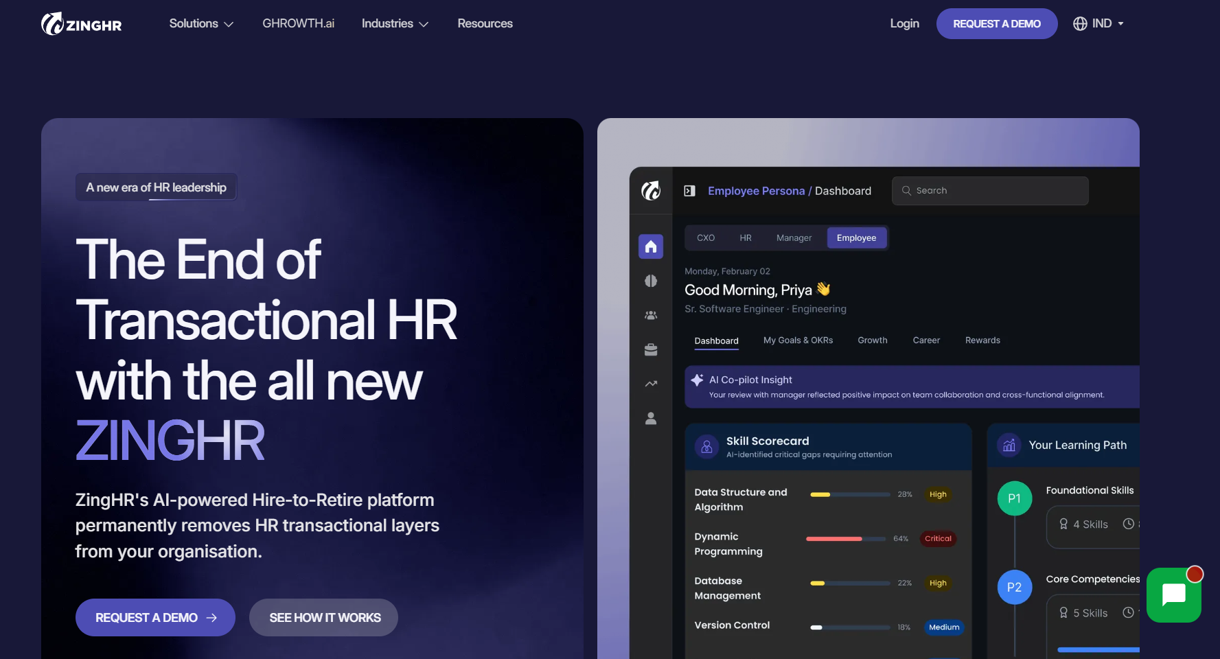 ZingHR dashboard displaying HR compliance software features including payroll automation, statutory filings, PoSH tracking, audit trail management, and AI-driven compliance alerts for Indian enterprises