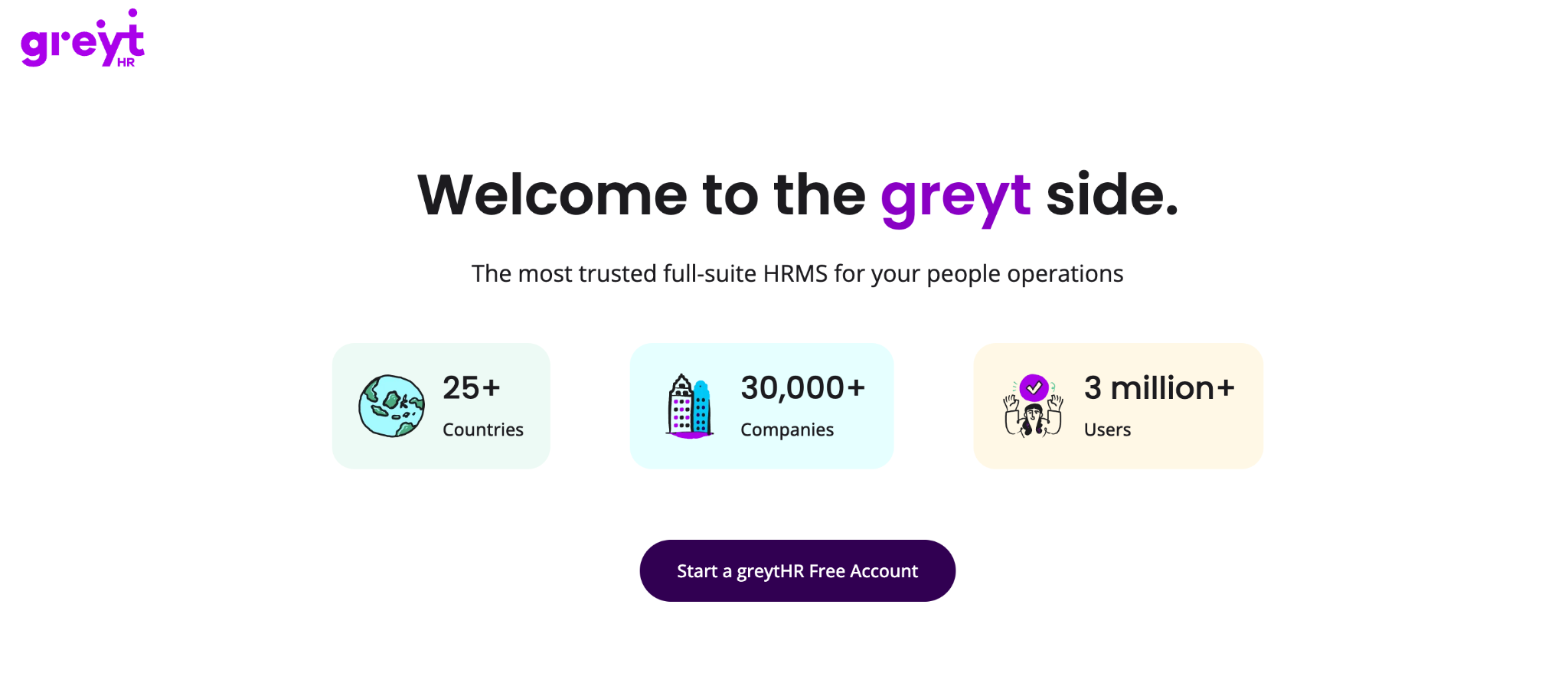 greytHR homepage showing payroll processing, attendance management, employee self-service, and labour law compliance features