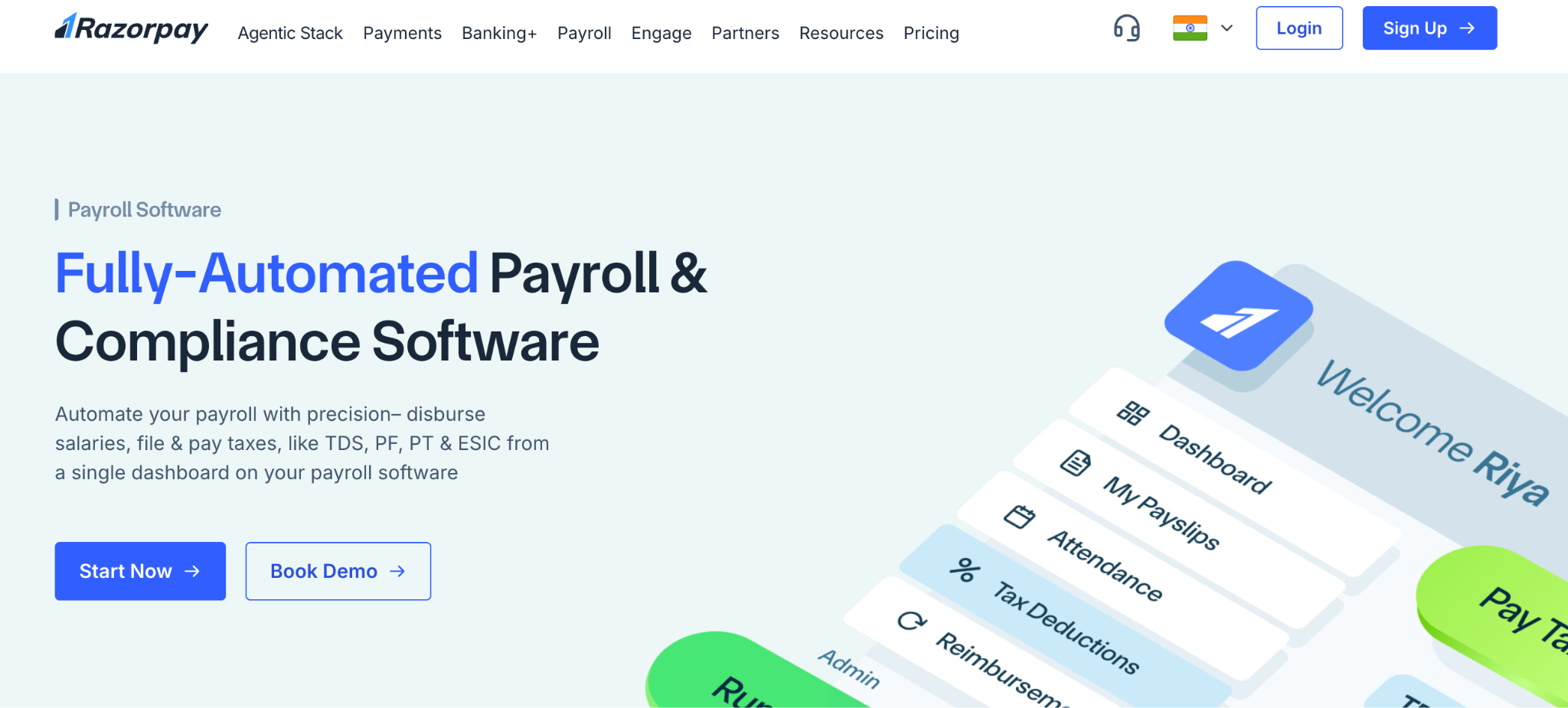 Screenshot of RazorpayX Payroll's homepage showing its fintech-native instant salary disbursement and payroll platform