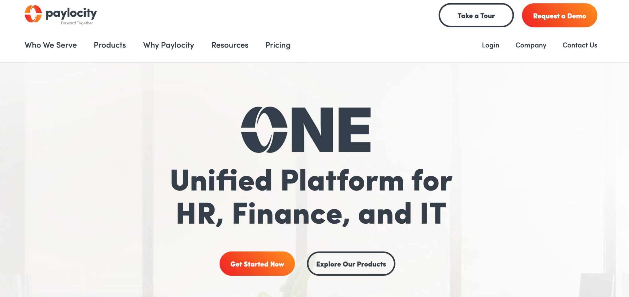 Screenshot of Paylocity's homepage showing its employee engagement and global payroll platform for distributed enterprise teams