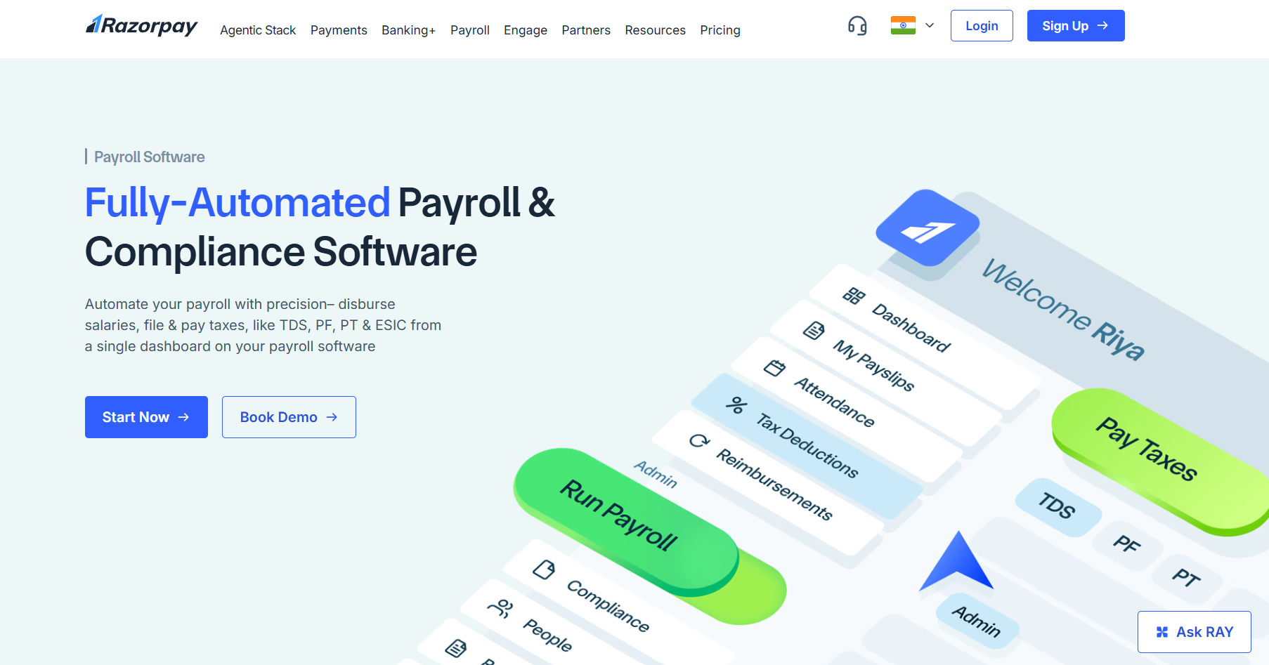 RazorpayX Payroll homepage featuring one-click salary disbursal, automated TDS/PF/ESI/PT filing, contractor payment management, and payroll management software for Indian startups