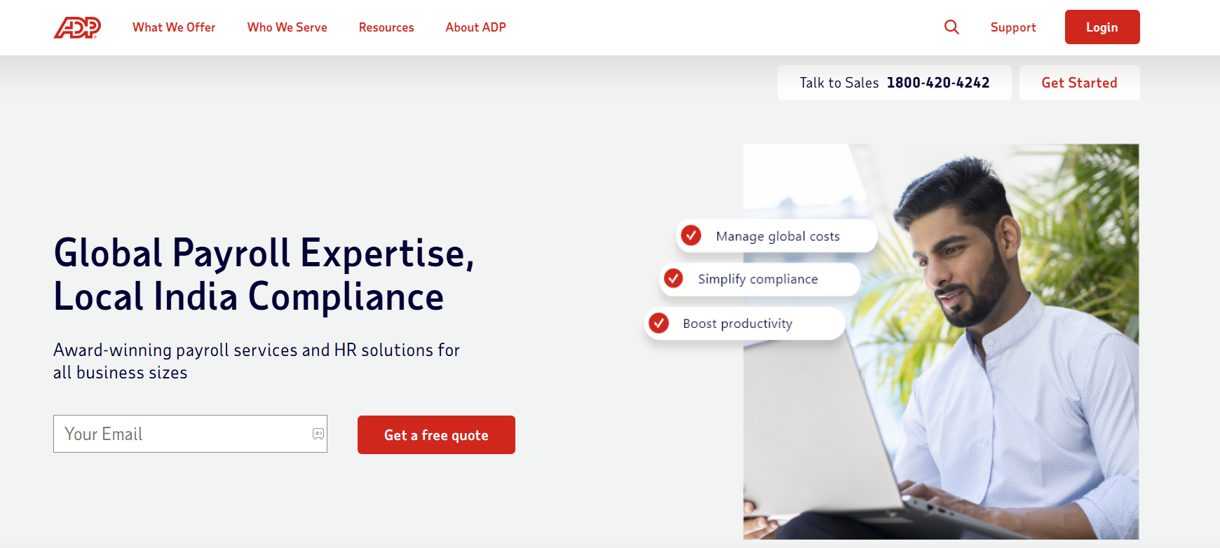 ADP India homepage displaying managed payroll services, multi-country compliance, enterprise payroll management software, and outsourced HR solutions for large organisations