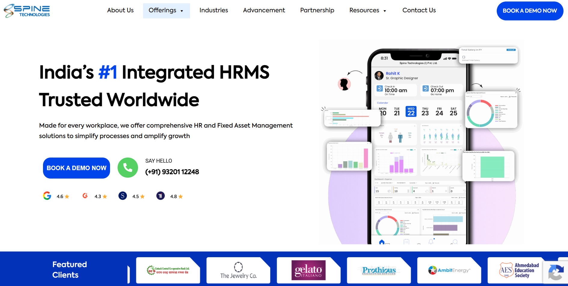 Spine HR Suite platform displaying employee lifecycle management, statutory compliance workflows, payroll integration, and audit-ready reporting for mid-to-large Indian organisations