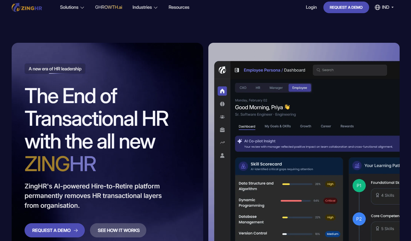 Screenshot of ZingHR's homepage showing the enterprise HCM platform interface
