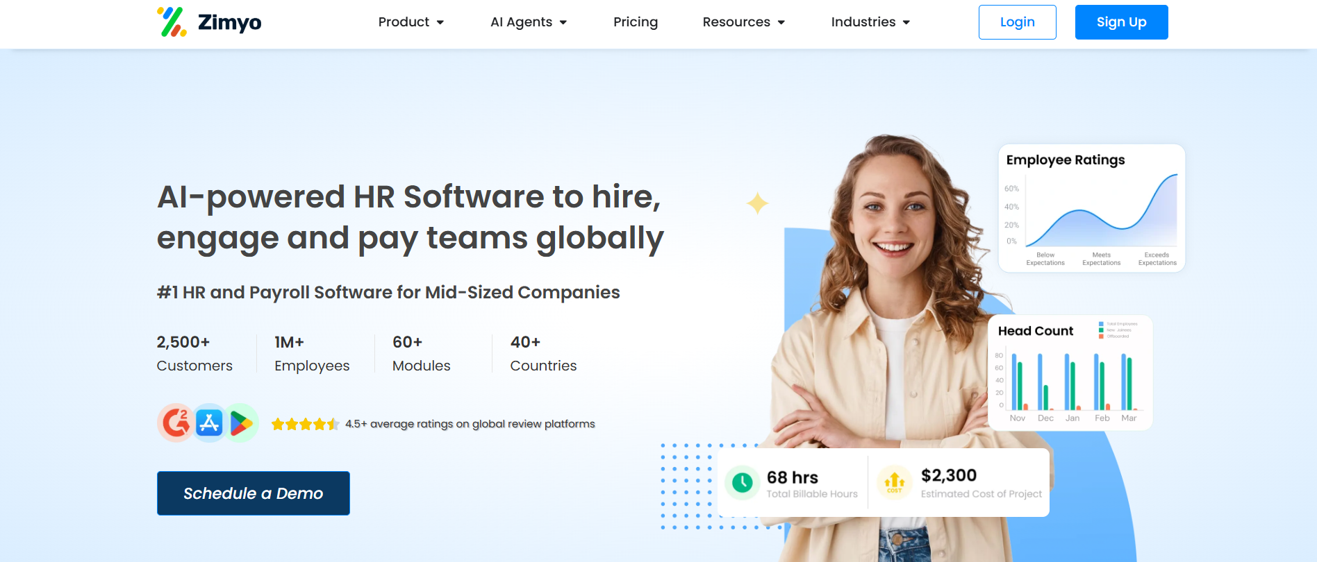 Screenshot of Zimyo's homepage showing the HR and engagement platform