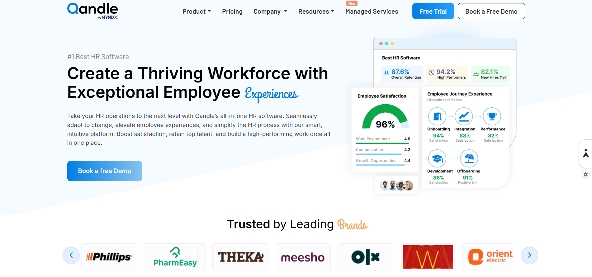 Screenshot of Qandle's homepage showing the cloud HR solution interface