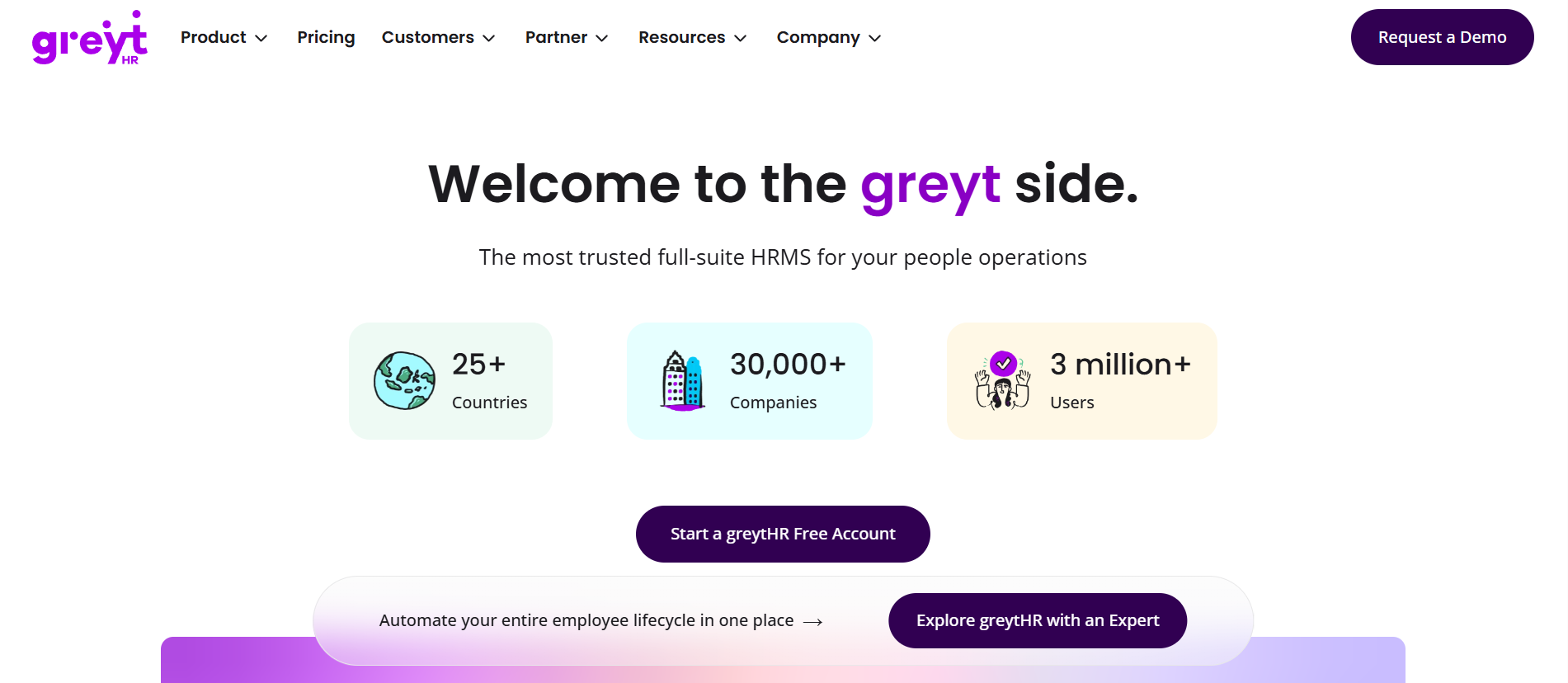 Screenshot of greytHR's homepage showing the full-suite HRMS platform
