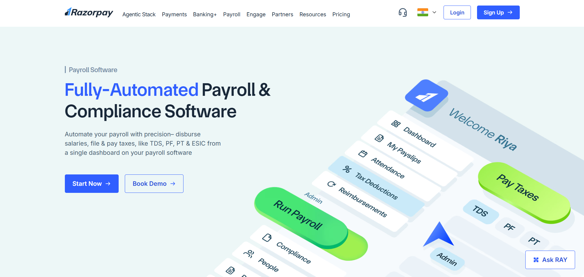 Screenshot of RazorpayX Payroll's homepage showing the payroll automation interface