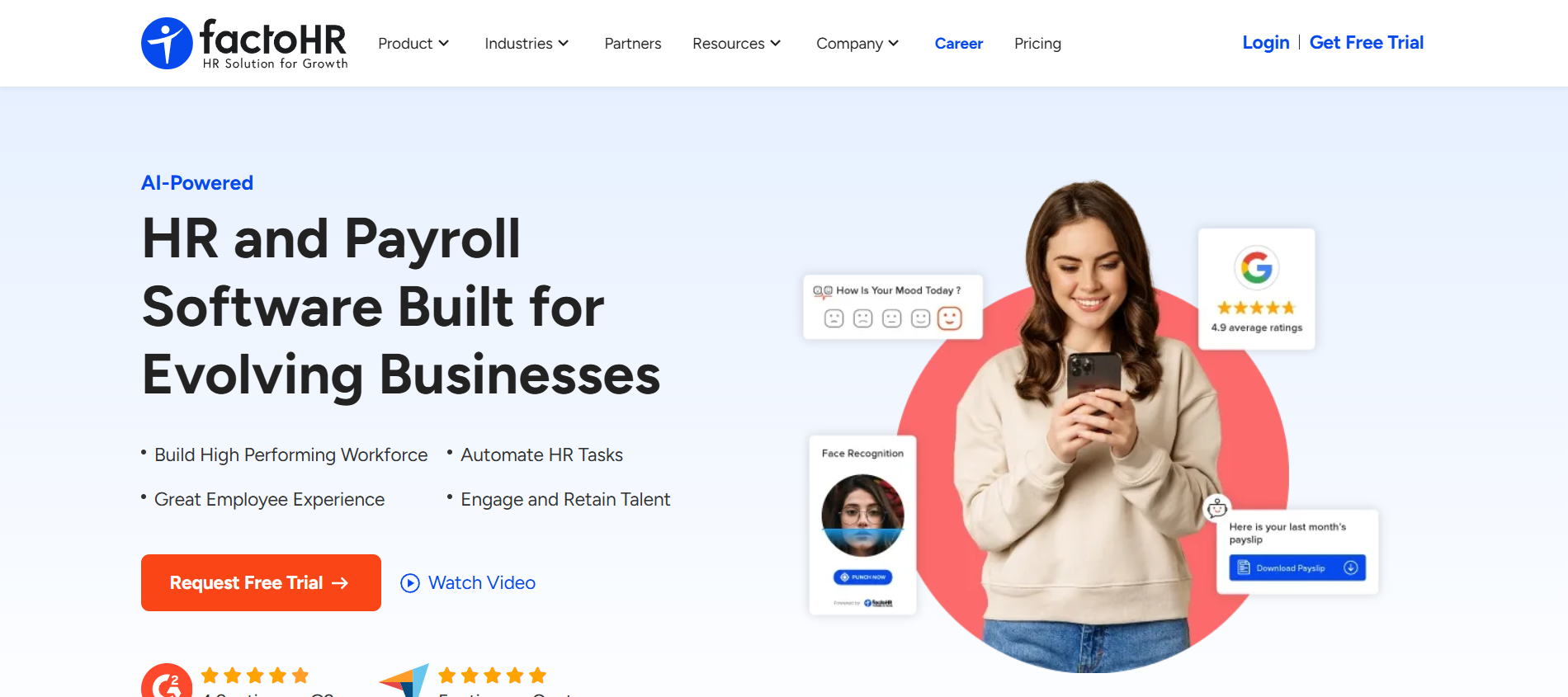 Screenshot of FactoHR's homepage showing the enterprise HR and payroll platform