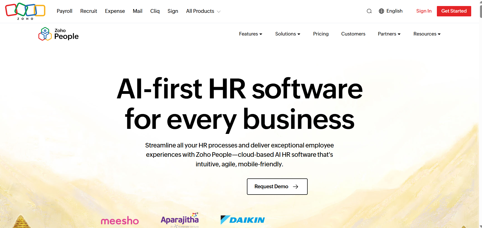 Screenshot of Zoho People's homepage showing the HR management platform