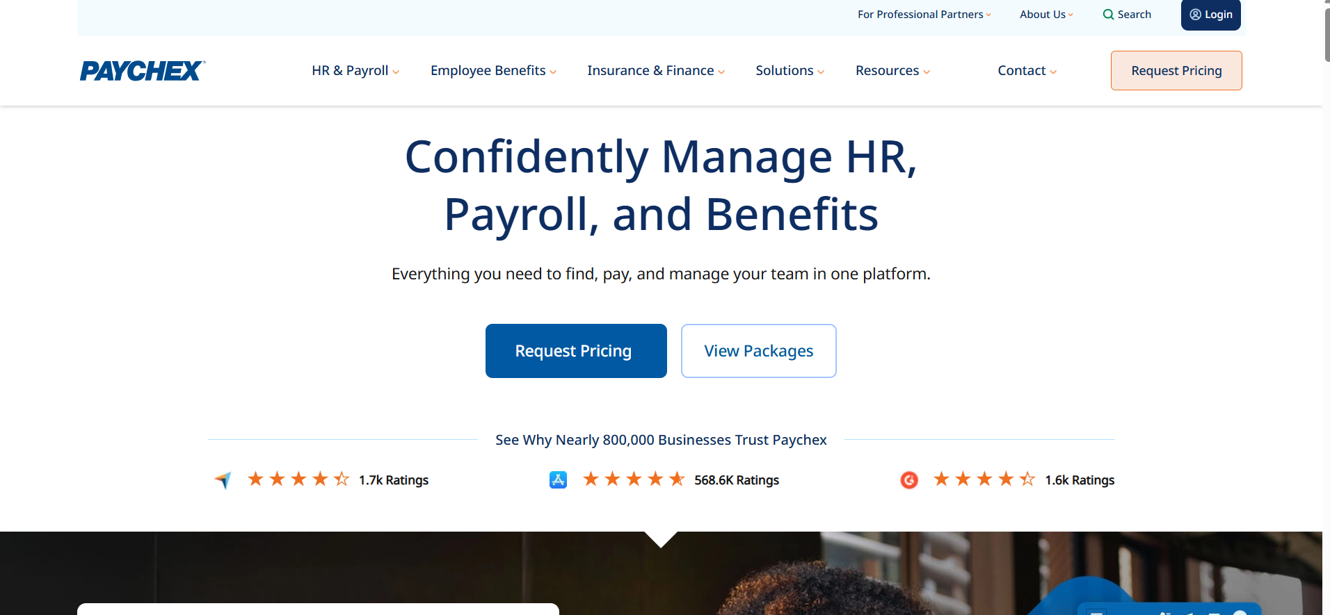 Screenshot of Paychex's homepage showing the payroll and HR services platform