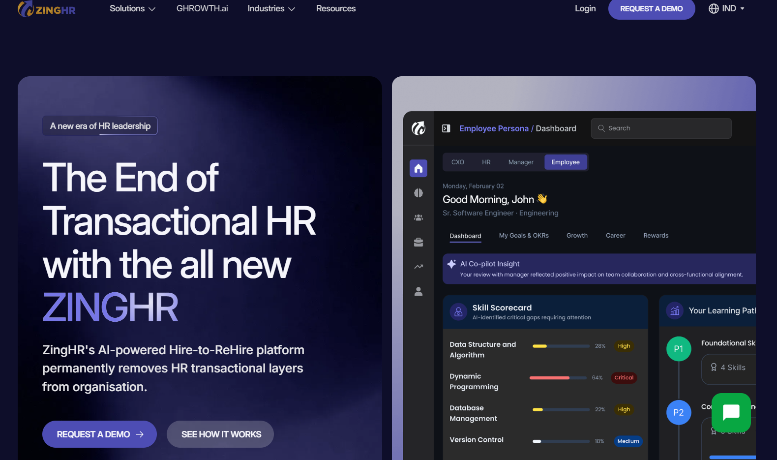 ZingHR homepage showing enterprise HCM and payroll capabilities.
