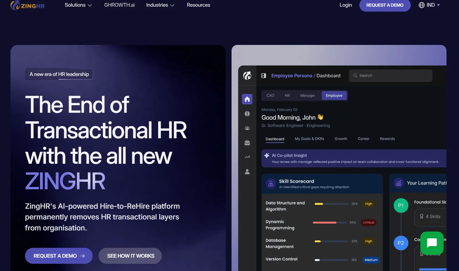 ZingHR homepage showing enterprise HCM and payroll capabilities.