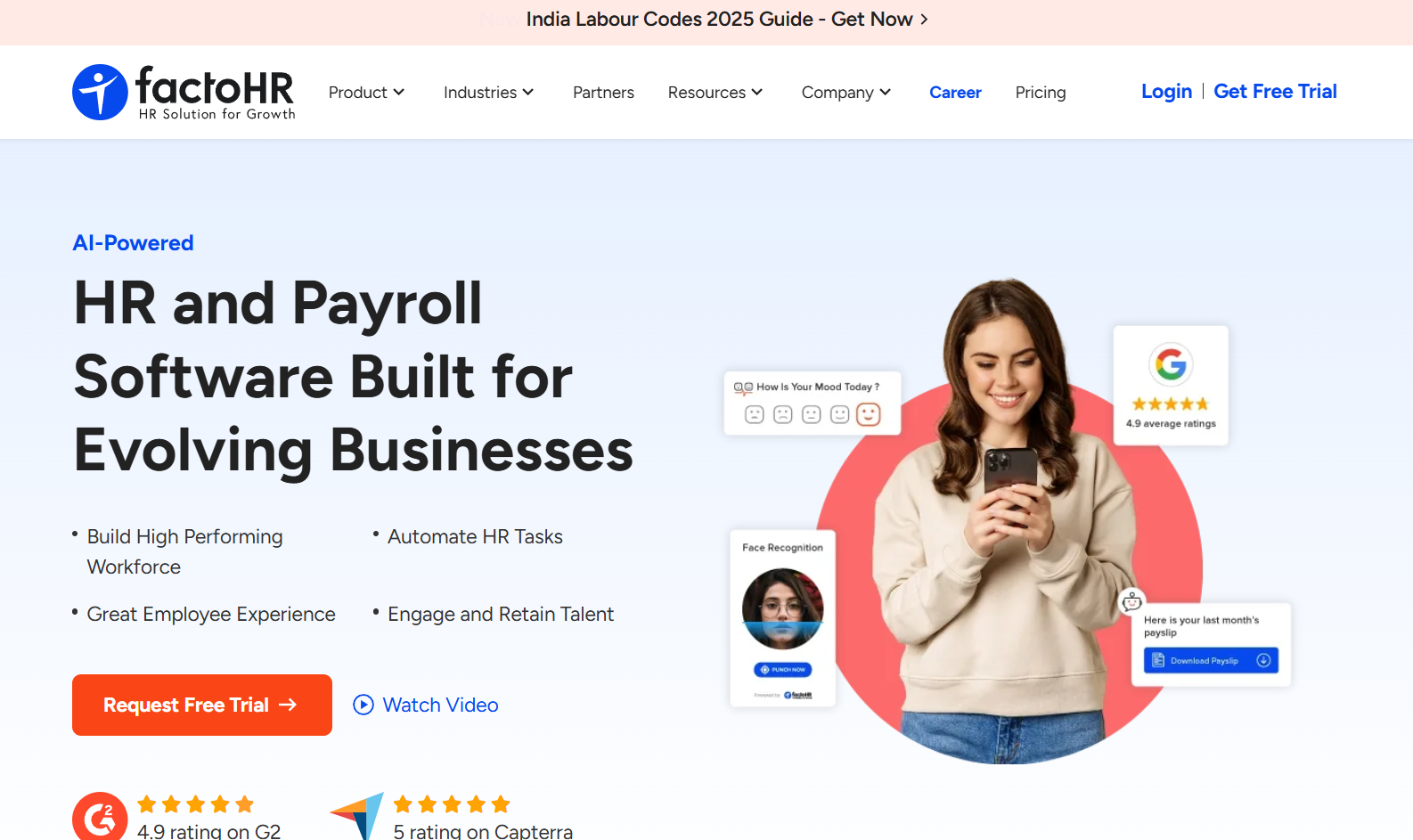 FactoHR homepage showing payroll and HR software interface.