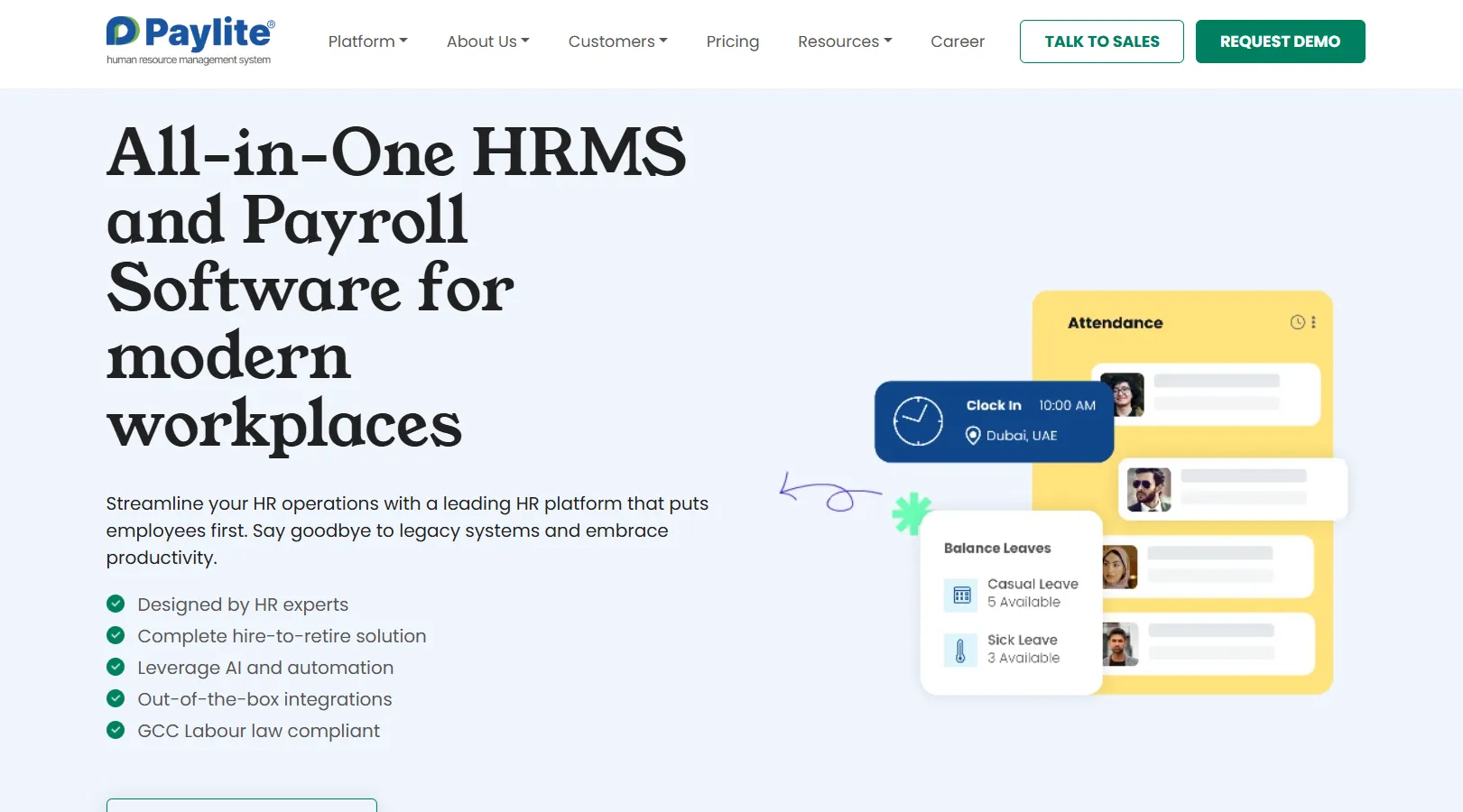 Paylite homepage showing the UAE payroll software interface.
